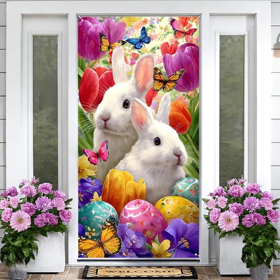 Yhmxh Easter Door Banner Happy Easter Porch Banner Rabbit Porch Banner Logo Welcome Sign Front Door Decoration Hanging Welcome Easter Eggs Seasonal Outdoor Decoration 35.43"x70.87"