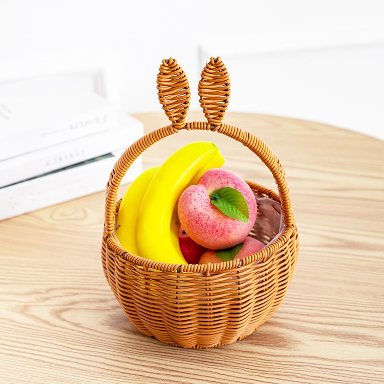 Yhmxh Easter Wicker Basket with Handle Bunny Ear Easter Woven Basket Picnic Basket for Kids Rabbit Ears Rattan Wicker Wine Woven Basket Empty for Candy Storage Toy Girl Party Easter Decorations-Brown