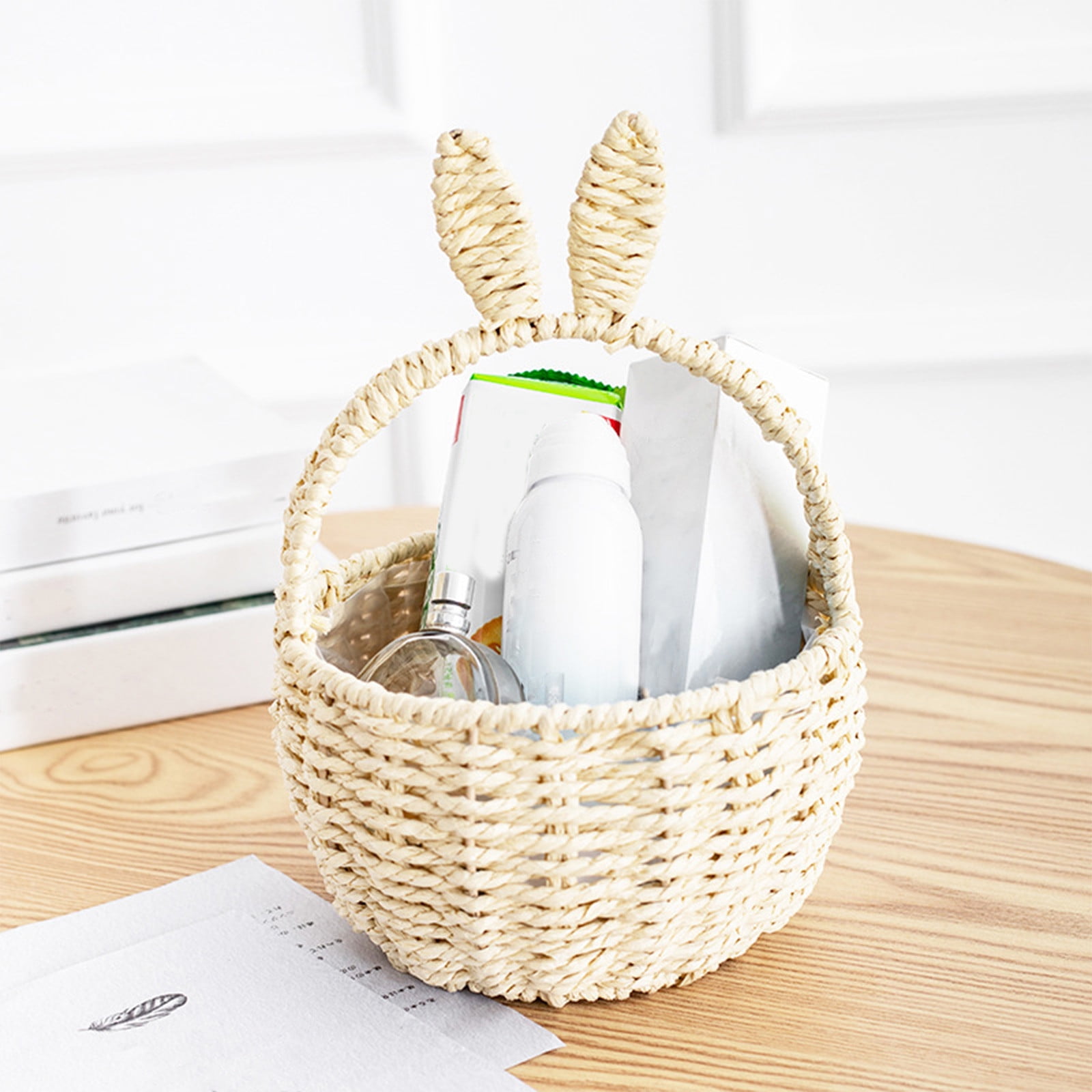 Yhmxh Easter Wicker Basket with Handle Bunny Ear Easter Woven Basket Picnic Basket for Kids Rabbit Ears Rattan Wicker Wine Woven Basket Empty for Candy Storage Toy Girl Party Easter Decorations-White