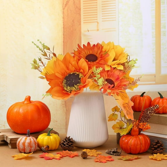 Yhmxh Fall Decor - Fall Decorations for Home - Artificial Sunflower and Maple Leaf for Thanksgiving Halloween Decorations Harvest Autumn Tabletop Home Kitchen Living Room Indoor Decor(Orange)