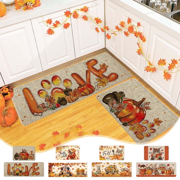 Yhmxh Fall Kitchen Rug Pumpkin Kitchen Mats Set of 2, Autumn Maple Leaves Farmhouse Party Floor Door Mat for Home Bathroom Decorations, Thanksgiving Low-Profile Door Rugs, 17x27 and 17x47 Inch