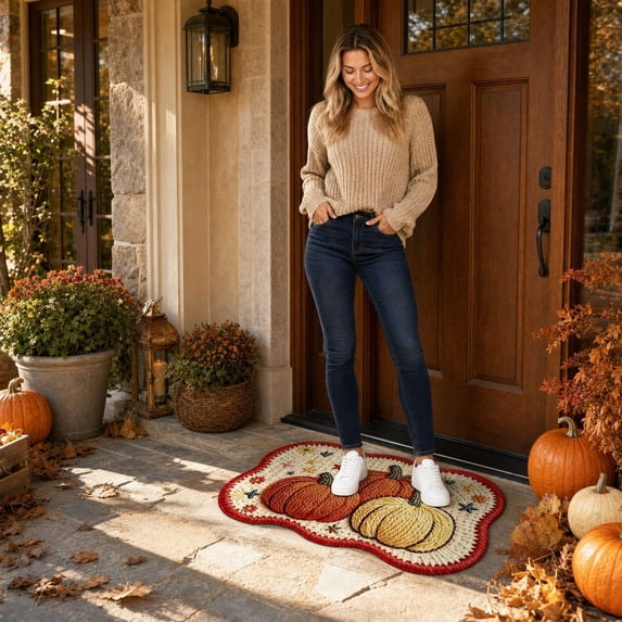 Yhmxh Fall Pumpkin Doormat Front Door Mat, Autumn Harvest Anti-Slip Absorbent Entryway Rug, Cute Knitted Pattern Pumpkin Decorative Floor Mat for Indoor, Bathroom, Kitchen, Thanksgiving Decor