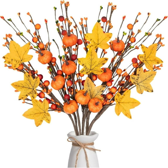Yhmxh Fall Pumpkin Floral Picks Artificial Fall Flowers Berry Long Stems with Pumpkins and Maple Leaves for Fall Floral Arrangement Indoor Vase Home Table Centerpiece DIY Decorations