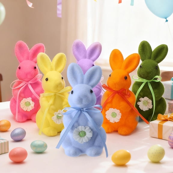 Yhmxh Flocked Bunny Easter Decorations with Bowtie 7.8 Bunnies Figurines for Easter Centerpieces Spring Courtyard Lawn Garden Tabletop Sculpture Nursery Decor for Gift Party Decoration