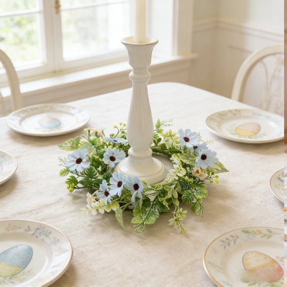 Yhmxh Floral Candle Rings Wreath Small Spring Summer White Artificial Flowers Greenery Wreaths for Pillars, Mini Candle Holder Kitchen Cabinets Table Centerpieces Wedding Party Farmhouse Decor