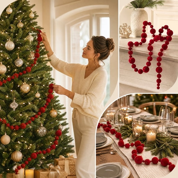 Yhmxh Fuzzy Ball Christmas Garland 6.5 Ft, Soft Plush Pom‑pom Beaded String Decor, Flexible Holiday Ornament Garland for Xmas Tree, Mantel, Staircase, Fireplace, Wall and Home Decoration