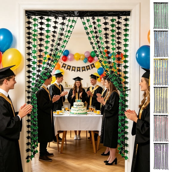 Yhmxh Graduation Cap Foil Fringe Curtain, Graduation Hat Pattern Party Backdrop Curtain, 39x79in Graduation Photo Booth Decor for College Grad Party Decor and Ceremony Background Decoration