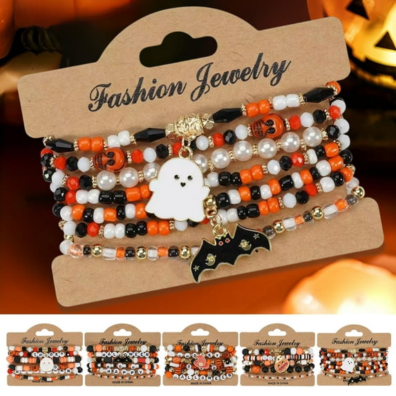 Yhmxh Halloween Bracelets for Women Pumpkin Ghost Steleton Bat Skull Beaded Stackable Stretchy Bracelet Rugby Thanksgiving Heishi Bracelets Handmade Christmas Beaded Stretch Bracelet