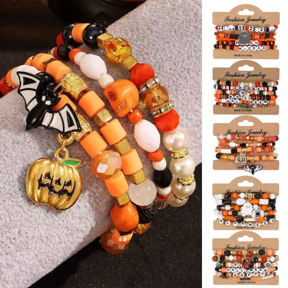 Yhmxh Halloween Bracelets for Women Pumpkin Ghost Steleton Bat Skull Beaded Stackable Stretchy Bracelet Rugby Thanksgiving Heishi Bracelets Handmade Christmas Beaded Stretch Bracelet