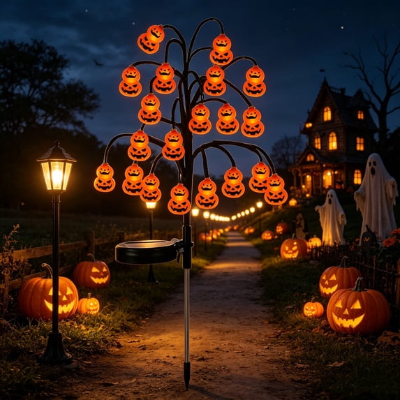 Yhmxh Halloween Decorations Outdoor Solar Lights, 32 Inch Outdoor Waterproof Garden Stake with 20 LED Ghosts Bats Spiders Pumpkin Light, Solar Pathway Lights for Yard, Garden, Lawn, Walkway