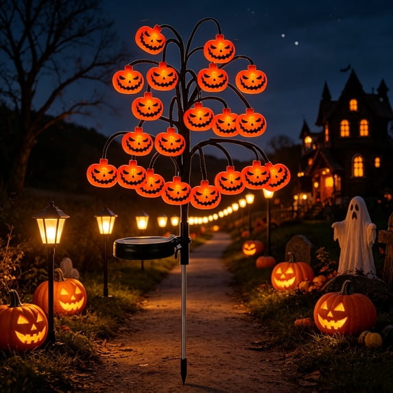 Yhmxh Halloween Decorations Outdoor Solar Lights, 32 Inch Outdoor Waterproof Garden Stake with 20 LED Ghosts Bats Spiders Pumpkin Light, Solar Pathway Lights for Yard, Garden, Lawn, Walkway