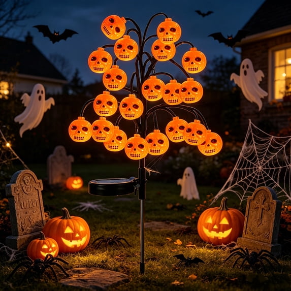 Yhmxh Halloween Decorations Outdoor Solar Lights, 32 Inch Outdoor Waterproof Garden Stake with 20 LED Ghosts Bats Spiders Pumpkin Light, Solar Pathway Lights for Yard, Garden, Lawn, Walkway