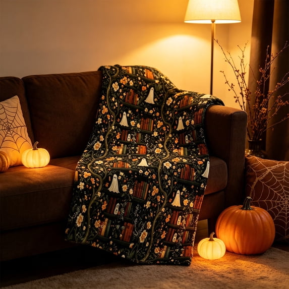 Yhmxh Halloween Ghost Flannel Throw Blanket 59.06 × 39.37 Inches, Cute Spooky Ghost Floral Print Soft Fleece Blanket, Lightweight Cozy Bed Sofa Couch Blanket for Halloween Home Decor