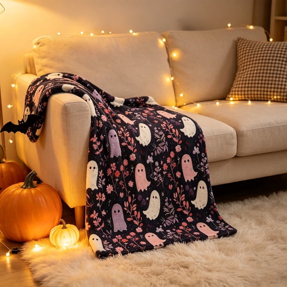 Yhmxh Halloween Ghost Flannel Throw Blanket 59.06 × 39.37 Inches, Cute Spooky Ghost Floral Print Soft Fleece Blanket, Lightweight Cozy Bed Sofa Couch Blanket for Halloween Home Decor
