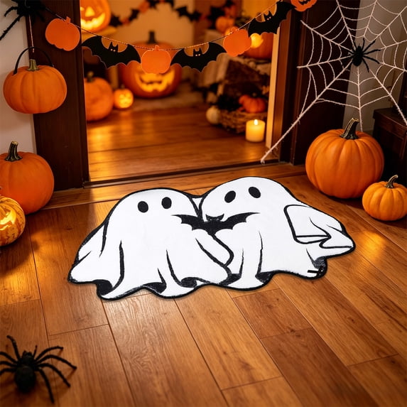 Yhmxh Halloween Spider Web Bath Mat, Soft Fluffy Spider Web Ghost Shaped Halloween Doormat, Non Slip Halloween Area Rug, Quick-Absorbing Spooky Decorative Floor Rug for Bathroom Bedroom
