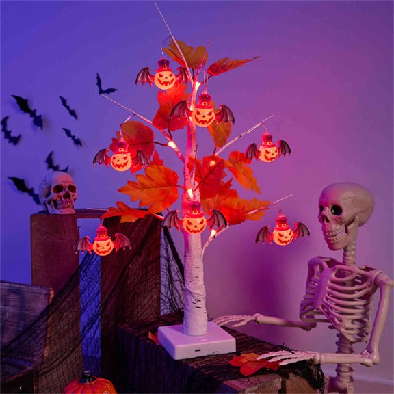 Yhmxh Halloween Tabletop Tree Light with Pumpkin Bat Ornaments, Lighted Artificial Spooky Tree Decor with LED Jack-O-Lantern Pendant, USB/Battery Operated Halloween Decor Tree for Indoor Table