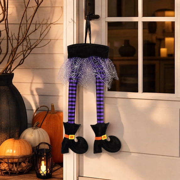 Yhmxh Halloween Witch Legs Hanging Ornaments, 7.8 Inch Striped Witch Leg Decor with Spider Web, Spooky Witch Feet Pendant for Halloween Tree, Door, Wreath & Party Home Decor