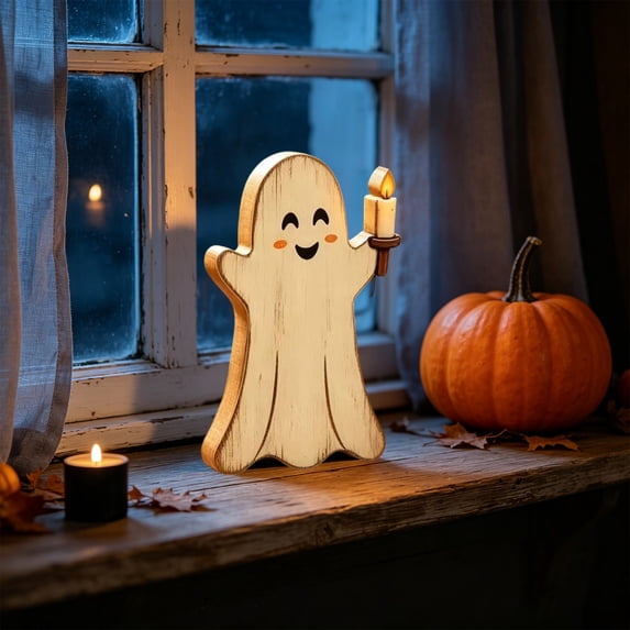 Yhmxh Halloween Wooden Ghost Tabletop Decor, Vintage Distressed Ghost Tiered Tray Sign, Cute Spooky Ghost with Pumpkin Ornament, Farmhouse Rustic Fall Home Mantel Shelf Indoor Decorations