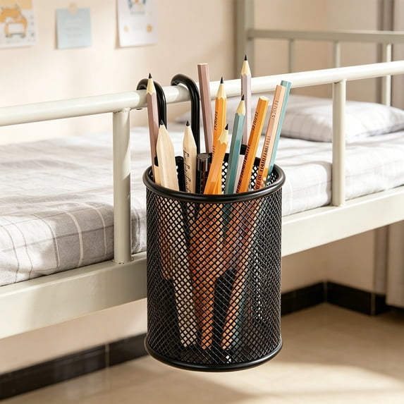 Yhmxh Hanging Metal Mesh Pen Holder, Hook-On Desk Side Pencil Cup, Detachable Office Stationery Organizer Basket Hanging Mesh Container Pen Organizer, Office Desk Storage for Pens Scissors Rulers