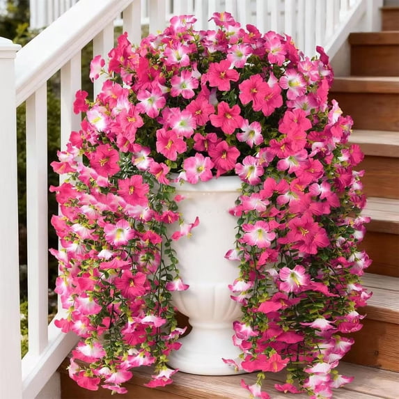 Yhmxh Hanging Morning Glory UV Resistant Artificial Outdoor Flowers, Faux Flowers for Planters, Faux Violet and Eucalyptus Vines, Real Plastic Decorations for Home Decor, Wedding, Patio, Porch, Yard