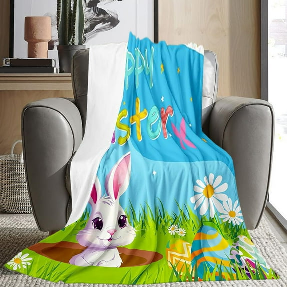 Yhmxh Happy Easter Bunny Blanket, 30x40 Inches Cute Soft Ligtweight Fleece Blanket with Easter Rabbit Pattern, Anti-Pilling Flannel Warm Blanket for Kids, Girls Gift, Spring Decor