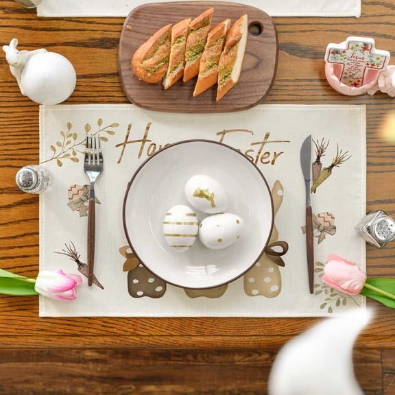 Yhmxh Happy Easter Placemats, Flax Soft Washable Place Mats with Easter Bunny Pattern, Heat Resistant Non-Slip Place Mats for Kitchen Table, Dining Table, Spring Home Decor