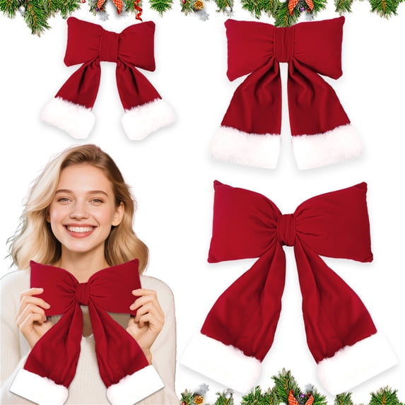 Yhmxh Large Christmas Bow for Tree, Christmas Valentine's Day Santa Wreath Bow with White Fluff, Christmas Tree Topper Ornament Bow for Christmas Home Wreath Tree Decoration, Christmas Gifts