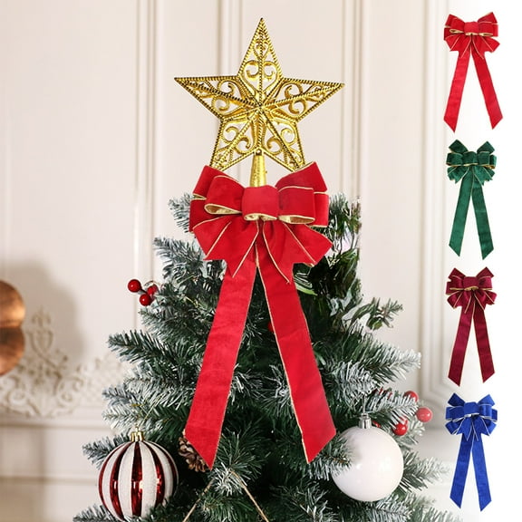 Yhmxh Large Vintage Wreath Bow for Christmas Tree - 23 x 11 inch Golden Edged Tree Topper Bow Ornament for Xmas, Premade Bow Gift Bow Ribbon Bow for Home Outdoor Indoor Party Favor Decor