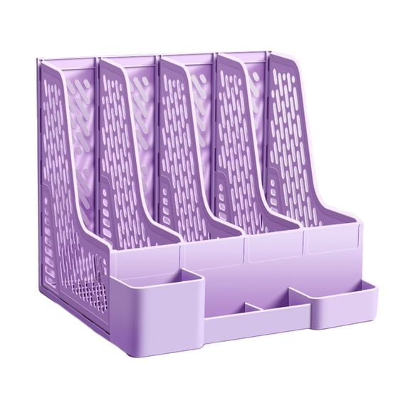 Yhmxh Magazine File Holder with Pen Holder and Storage Case, Plastic Desk Organizer File Folder Holder with 4 Vertical Compartments, Sturdy Desktop Binder Organizer for Office, Work, Home