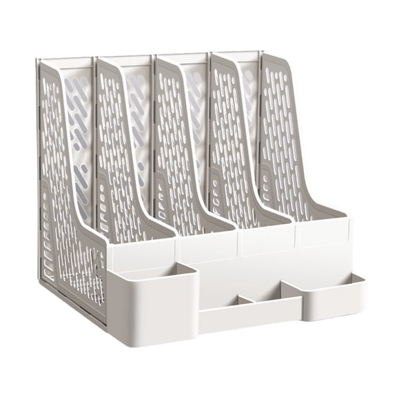 Yhmxh Magazine File Holder with Pen Holder and Storage Case, Plastic Desk Organizer File Folder Holder with 4 Vertical Compartments, Sturdy Desktop Binder Organizer for Office, Work, Home