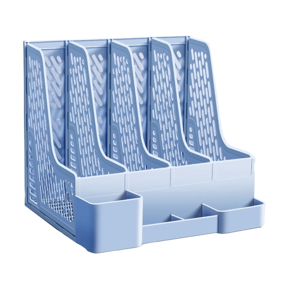 Yhmxh Magazine File Holder with Pen Holder and Storage Case, Plastic Desk Organizer File Folder Holder with 4 Vertical Compartments, Sturdy Desktop Binder Organizer for Office, Work, Home