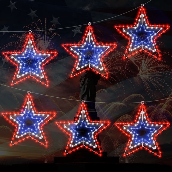 Yhmxh Memorial Day 4th of July Decorations, Red White and Blue Patriotic Decor Star Lights,Timer 14In Iron Frame 70Led Fairy Star Lights, 8 Mode with Remote Window Wall Silhouette for Home