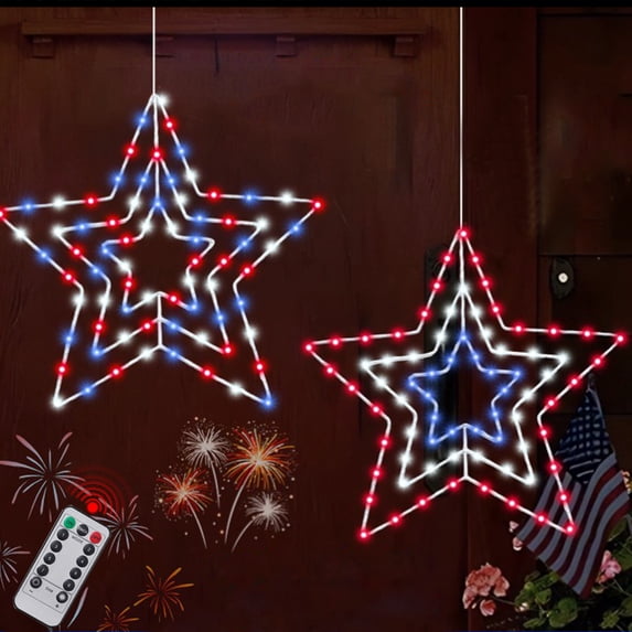Yhmxh Memorial Day 4th of July Decorations, Red White and Blue Patriotic Decor Star Lights,Timer 14In Iron Frame 70Led Fairy Star Lights, 8 Mode with Remote Window Wall Silhouette for Home