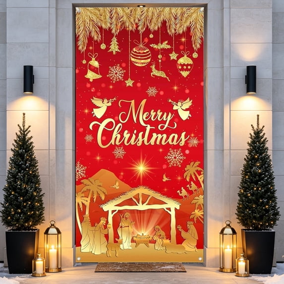 Yhmxh Merry Christmas Front Door Banner, 35.43 x 70.87 Inch Christmas Door Cover, Holiday Hanging Backdrop, Festive Home Decor for Porch, Entryway, Party Wall decor, Xmas Celebration