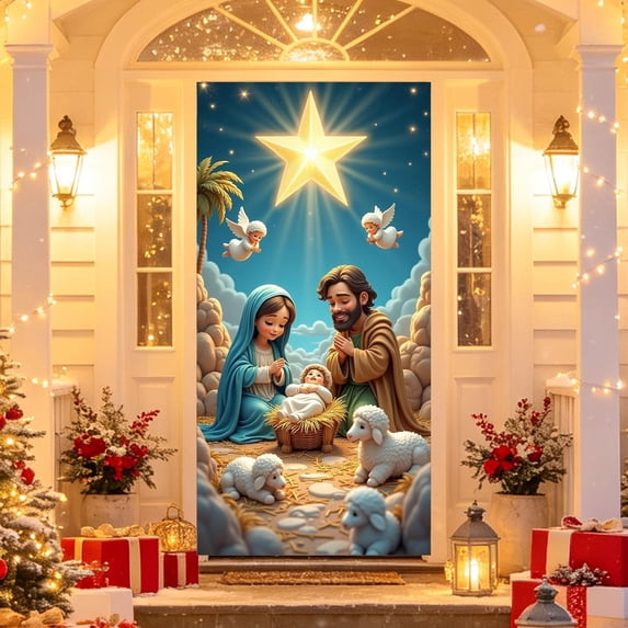 Yhmxh Merry Christmas Front Door Cover, 35.43 x 70.87 Inch Christmas Door Cover, Festive Home Decor for Porch, Entryway, Party Wall decor, Xmas Celebration