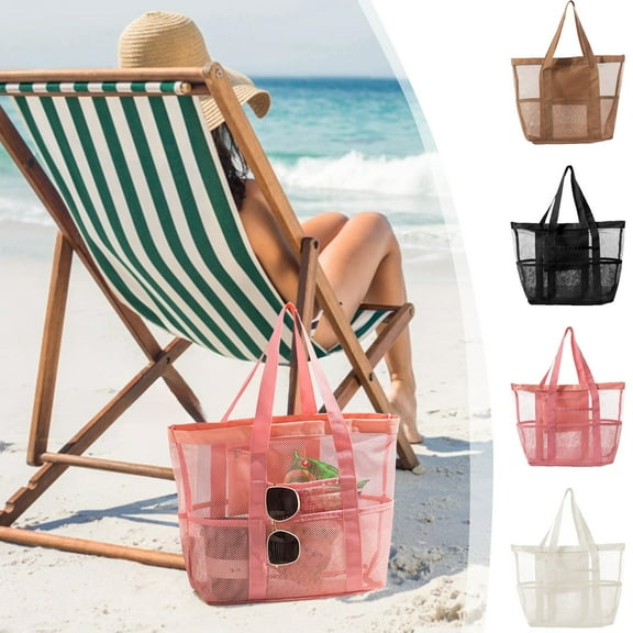 Yhmxh Mesh Beach Bag, Casual Womens Shoulder Handbag Shopping Bag, Reusable Heavy Duty Large Canvas Travel Storage Bag, Large Sandproof Beach Large Tote Bag for Pool/Travel/Vacation Supplies