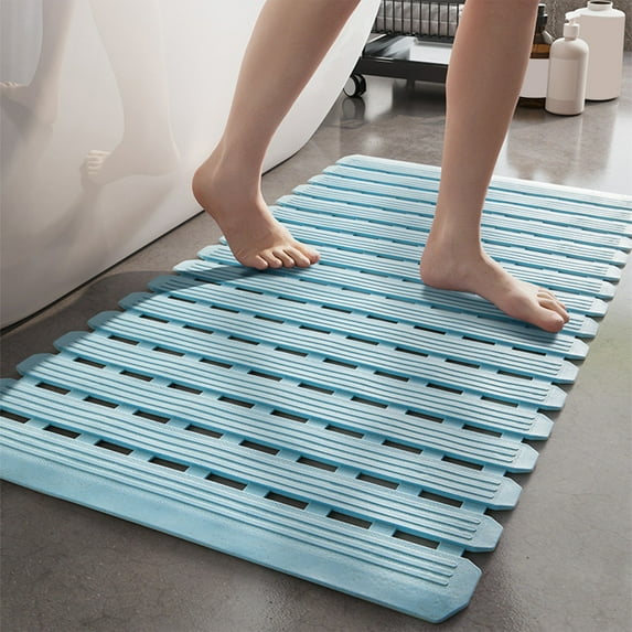 Yhmxh Non Slip Shower Mat, Non Suction Cup Bathtub Bath Mat with Drain Holes, Heavy Duty Rubber Sturdy Stand Up Shower Stall Tub Mat for Inside Shower, Bathroom, Floor, Pool, SPA (Blue, 16"x28")