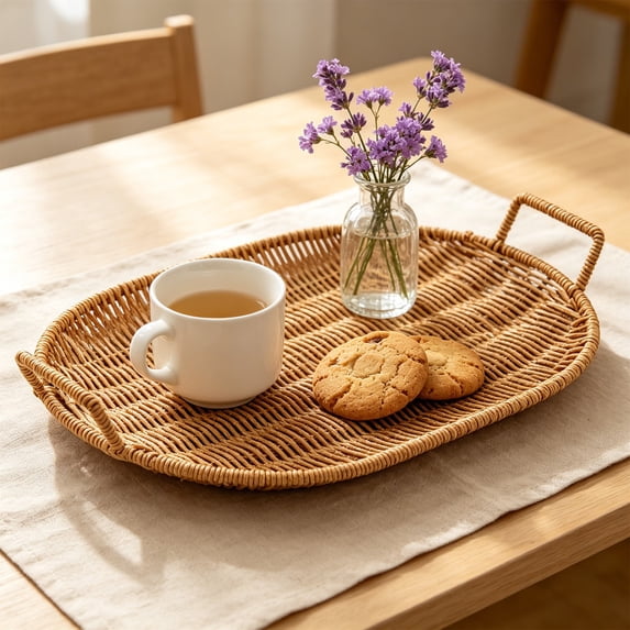 Yhmxh Oval Handwoven Rattan Serving Tray with Double Handles, Woven Bread Basket & Fruit Bowl for Kitchen Counter, Stackable Wicker Platter Plastic Rattan Baskets for Fruits, Snacks, Fries, Bread