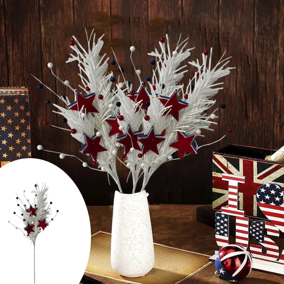Yhmxh Patriotic Berry Stems, 4th of July Berries Picks Independence Day Decor with White Blue Red Stars for Memorial Day, Artificial Flowers Fruit Floral Bunches for National Day Home Decor