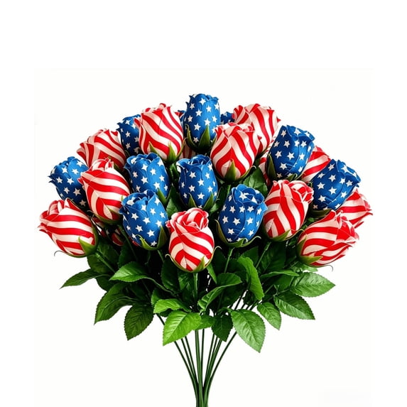 Yhmxh Patriotic Artificial Flowers 13.7" Red White and Blue 4th of July Flower Stars & Stripes Roses Bulk Memorial Cemetery Flowers for Veteran Independence Day Table Centerpiece Home Decor 1 Pcs