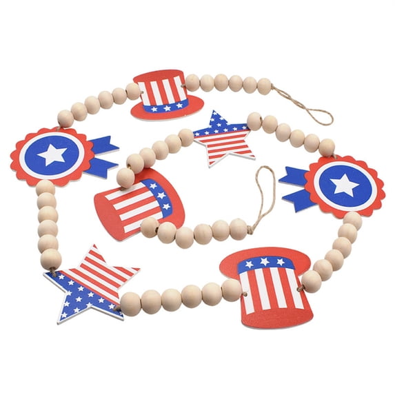 Yhmxh Patriotic Wooden Beads Garland with Star Ornaments, 50in Independence Day Beaded Decor for Mantle 4th of July Decorations, Shelf Display, Fireplace, Wall