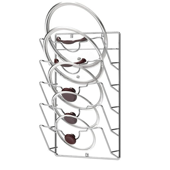 Yhmxh Pot Lid Organizer Rack, 5-Tier Pot Lids Holder for Cabinet Door/Wall, No Drilling Adhesive Wall/Door Mounted Rustproof Pot and Pan Cover for Kitchen Storage, Modern (Silver)