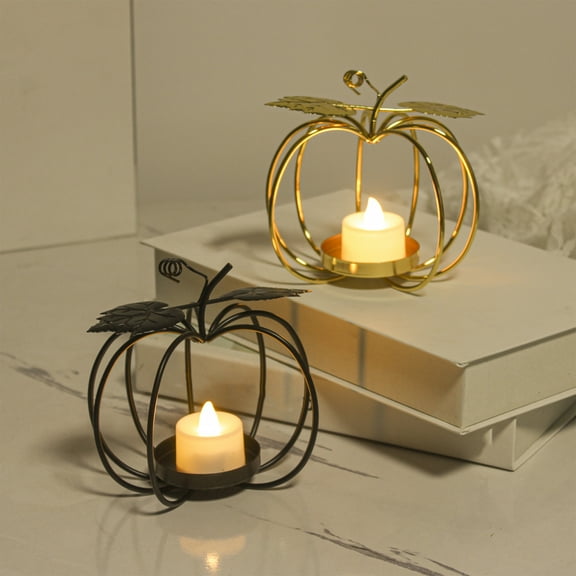 Yhmxh Pumpkin Fireplace Candelabra Candle Holder for Flameless or Wax Pillar Candle, Thanksgiving Candle Display Stand for Table Centerpieces, Iron Candlesticks for Halloween Christmas Party