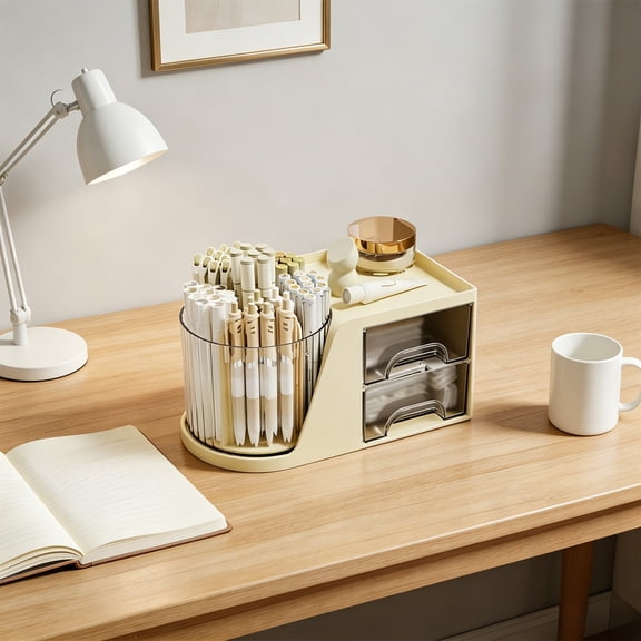 Yhmxh Rotating Desk Organizer with Drawers, Multi-Functional Pen Holder Caddy, Desktop Storage Caddy with Rotatable Pen Cup for Office Supplies, Makeup, Cosmetics, Stationery Organization