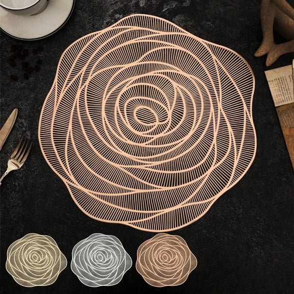 Yhmxh Round Rose Placemats Gold Placemats Pressed Vinyl Round Placemats Pretty Rose Shape Design Washable Dining Table Decoration Mats for Birthday Holiday Party Wedding Kitchen Decor
