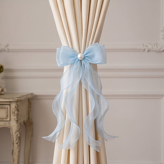 Yhmxh Sheer Organza Bow Curtain Tiebacks with Wavy Streamers, Pre-Tied Elegant Ribbon Bow Curtain Holdbacks, Decorative Window Curtain Tie Backs for Bedroom Living Room Wedding Home Decor