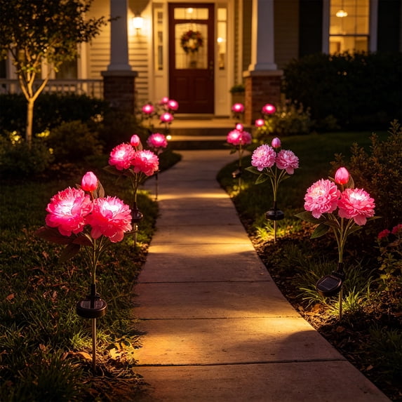 Yhmxh Solar Peony Flower Stake Lights Outdoor Waterproof, 26.7 inch Dusk to Dawn Solar Powered LED Pathway Lights, Bendable Realistic Peony Landscape Decorative Lamp for Yard Lawn Patio Decor