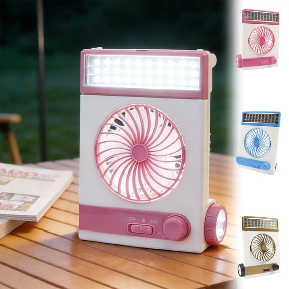 Yhmxh Solar Powered Portable Fan with LED Light, 2-in-1 Rechargeable Personal Cooling Fan with Solar Charging, 3 Speeds, Foldable Handle Outdoor Fan for Home, Office, Camping & Emergency