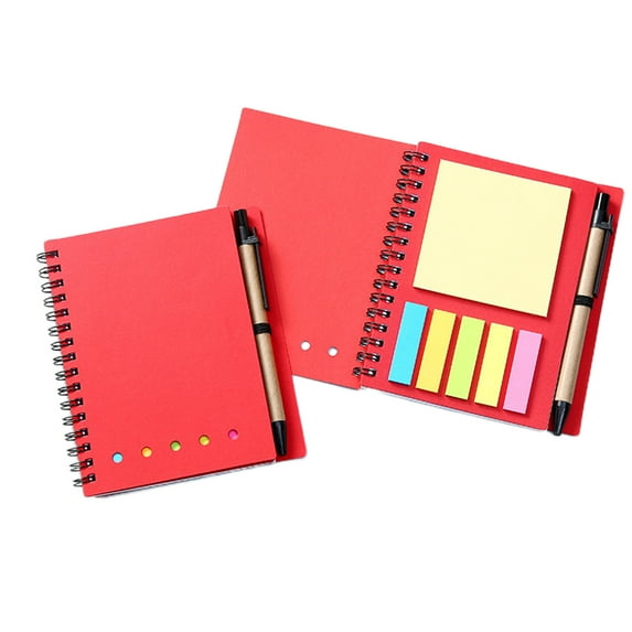 Yhmxh Spiral Notepad Steno Pads Lined Notepad with Pen in Holder, Sticky Notes, Page Marker Colored Tabs Flags, 4.7"x5.7" Kraft Paper Cover Small Pocket Notepads, Red