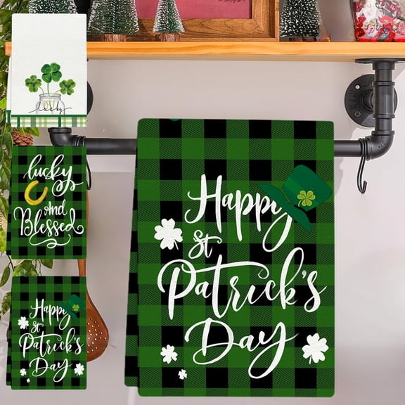 Yhmxh St Patricks Day Kitchen Towels, 18x26 Inch Shamrock Buffalo Plaid Green Dish Cloths Seasonal Spring Bathrrom Hand Towels Holiday Saint Patricks Day Decor Irish Tea Towel for Kitchen Gifts